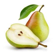Organic pears with a golden-green hue placed gently in a straw basket for a fresh, clean look.